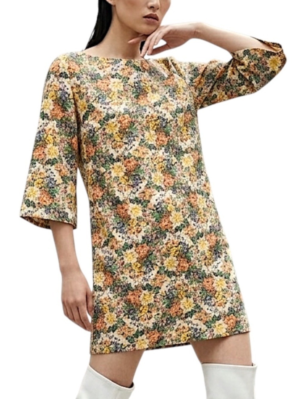 VTG 60s 70s muted floral 3/4 sleeve boatneck Mod cottagecore mini shift dress